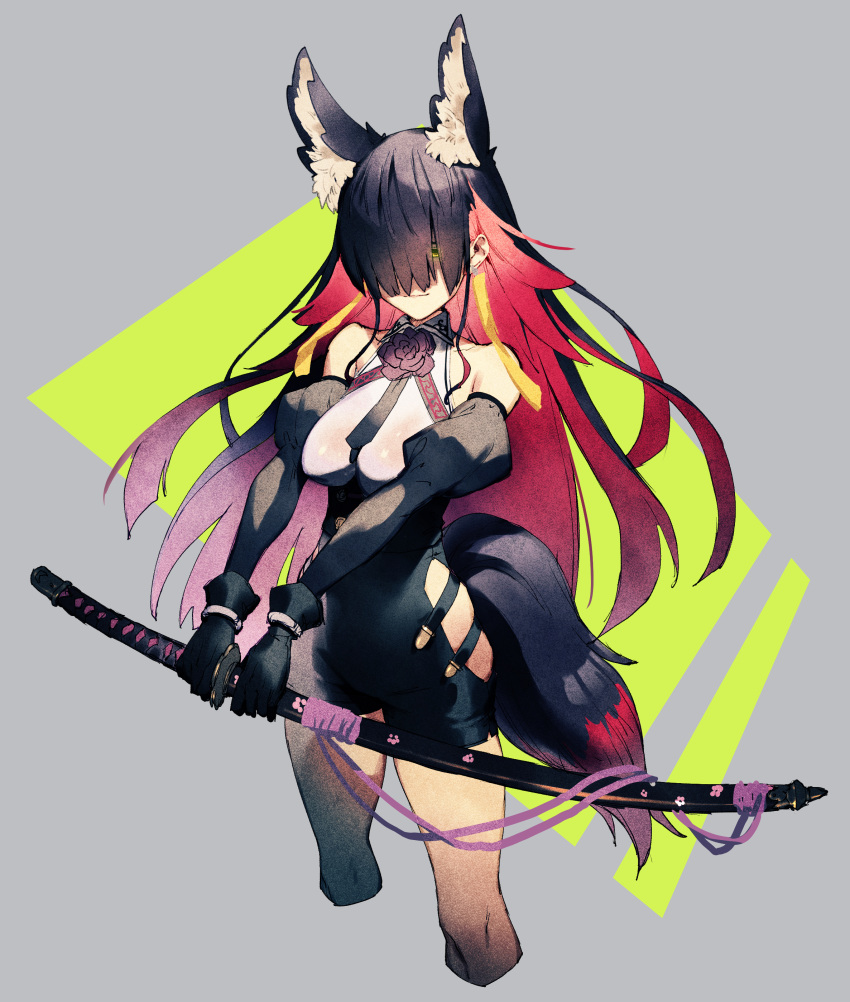 1girl absurdres animal_ears bare_shoulders black_gloves cozy detached_sleeves fox_ears fur gloves hair_over_eyes halterneck highres hip_vents katana long_hairgren_eyeslooking_at_viewerearrings multicolored_hair necktie single_thighhigh skindentation solo sword tail thigh-highs two-tone_hair weapon