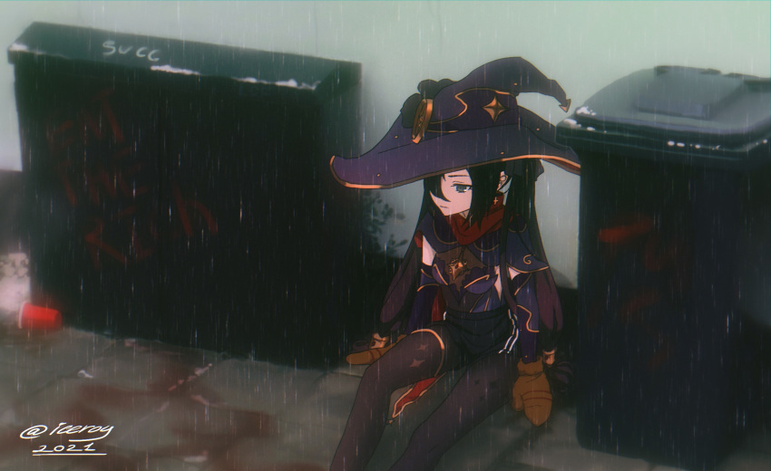 1girl black_hair breasts closed_mouth english_text genshin_impact grey_eyes hat highres iceroy long_hair looking_away mittens mona_(genshin_impact) outdoors pantyhose rain russian_commentary sad shorts sitting sitting_on_ground solo trash_can very_long_hair witch_hat