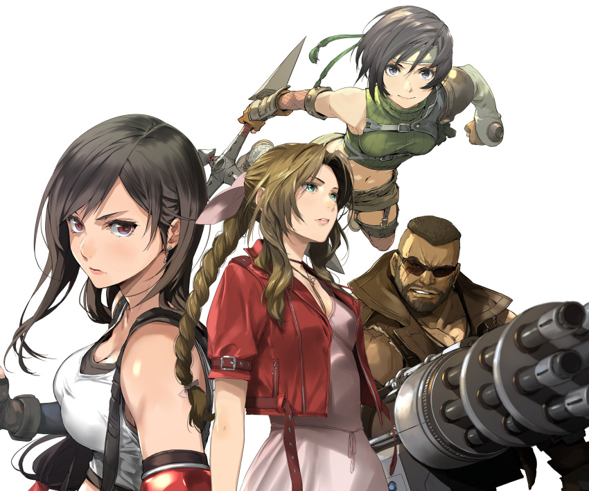 1boy 3girls absurdres aerith_gainsborough arm_cannon asymmetrical_clothes barret_wallace black_eyes black_hair bow brown_eyes brown_hair cropped_jacket dark_skin dark_skinned_male dress enami_katsumi fighting_stance final_fantasy final_fantasy_vii final_fantasy_vii_remake gatling_gun green_eyes hair_bow highres jacket multiple_girls pink_dress red_jacket short_hair shuriken sunglasses suspenders tank_top tifa_lockhart weapon yuffie_kisaragi