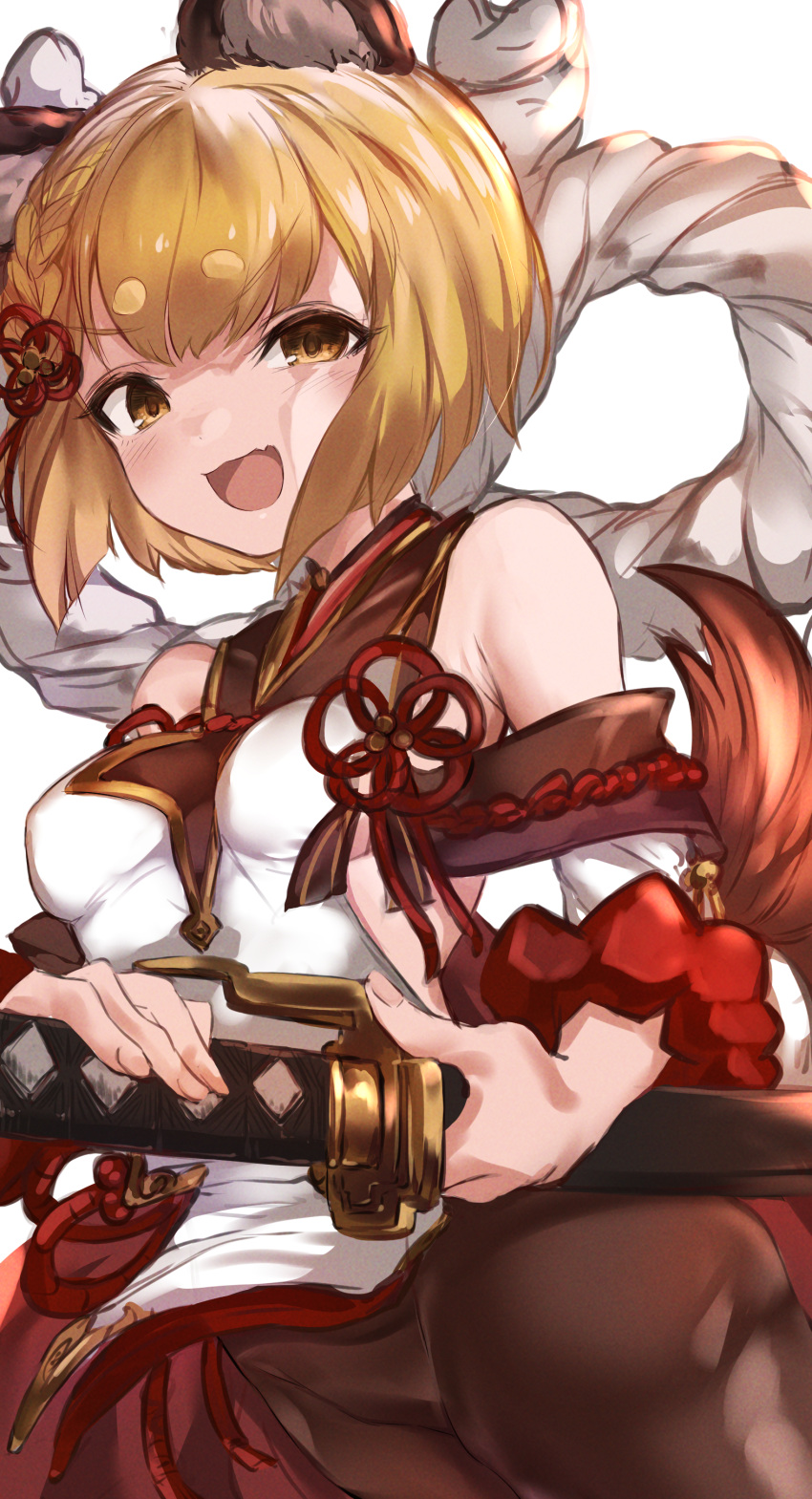 1girl absurdres animal_ears bare_shoulders blonde_hair blush breasts detached_sleeves dog_ears dog_tail fang granblue_fantasy highres katana maou_(maoudaisukiya) medium_breasts open_mouth pantyhose short_hair smile solo sword tail vajra_(granblue_fantasy) weapon wide_sleeves yellow_eyes