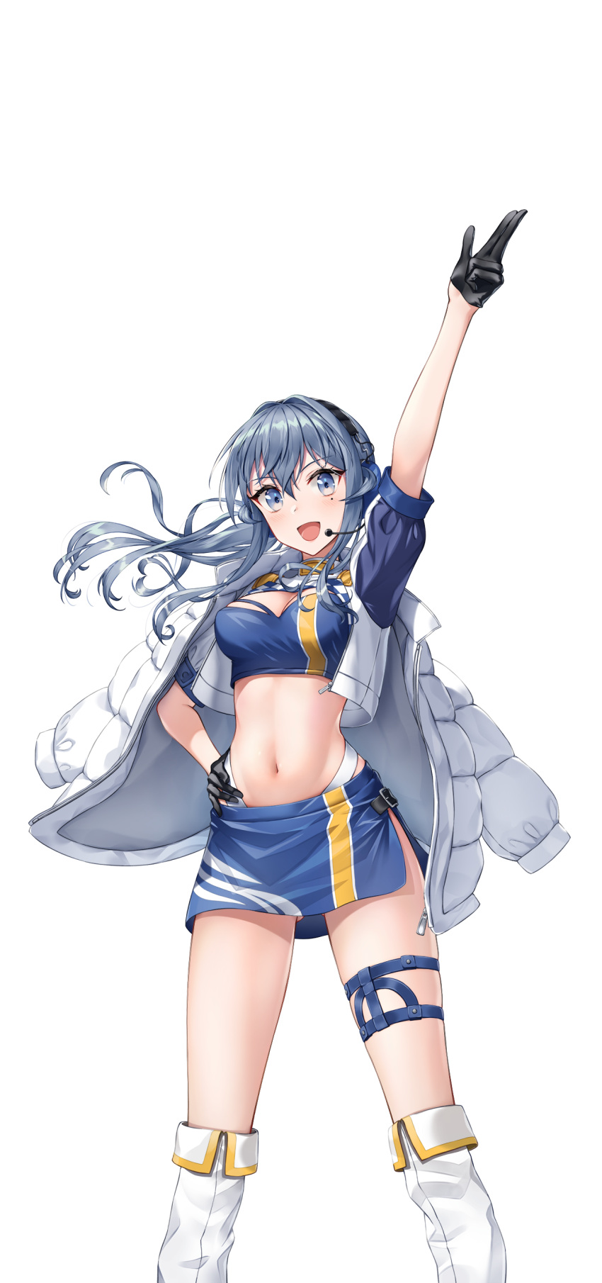 1girl :d absurdres arm_up ass_visible_through_thighs bangs blue_eyes blue_hair blue_skirt boots breasts commentary_request crop_top eyebrows_visible_through_hair flag gloves gotland_(kantai_collection) hand_on_hip headset highres jacket kantai_collection knee_boots long_hair looking_at_viewer medium_breasts midriff miniskirt mixed-language_commentary mole mole_under_eye navel open_mouth racequeen rankebu short_sleeves shorts skirt smile solo standing thigh_strap transparent_background
