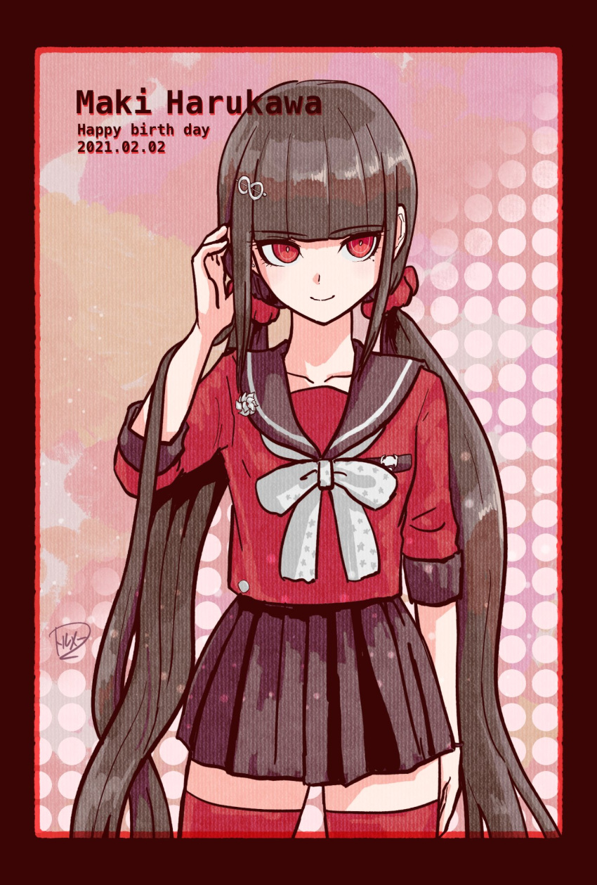 1girl arm_at_side bangs blunt_bangs border brown_hair character_name closed_mouth collarbone commentary_request cowboy_shot dangan_ronpa_(series) dangan_ronpa_v3:_killing_harmony dated hair_ornament hairclip hand_in_hair hand_up happy_birthday harukawa_maki highres long_hair looking_at_viewer low_twintails miniskirt mole mole_under_eye pleated_skirt polka_dot red_border red_eyes red_legwear red_scrunchie red_shirt sailor_collar school_uniform scrunchie serafuku shiny shiny_hair shirt skirt smile solo standing thigh-highs torume_2 twintails very_long_hair zettai_ryouiki