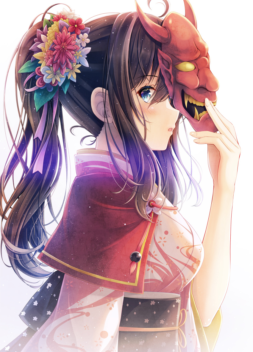 1girl ahoge akashio_(loli_ace) bangs black_hair blue_eyes commentary_request flower from_side hair_between_eyes hair_flower hair_ornament highres japanese_clothes long_hair mask obi oni_mask open_mouth original ponytail profile sash simple_background solo upper_body white_background