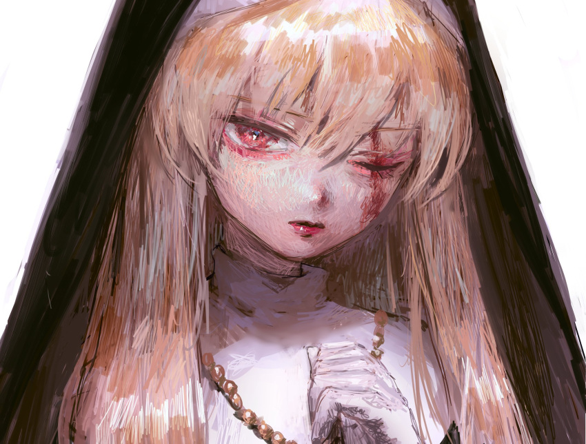 1girl bangs blonde_hair catholic gloves habit hatena_(nazequestion) highres jewelry long_hair looking_at_viewer necklace nun original red_eyes scar scar_across_eye simple_background solo white_background white_gloves