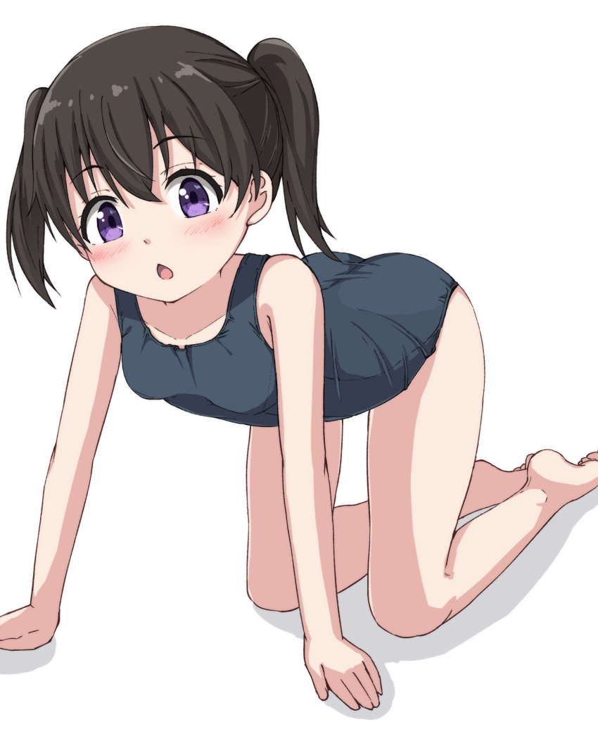 1girl all_fours bangs bare_arms bare_legs bare_shoulders barefoot black_hair blush breasts chestnut_mouth collarbone commentary_request eyebrows_visible_through_hair hair_between_eyes highres hippo_(hirople) kuraue_hinata looking_at_viewer open_mouth school_swimsuit shadow small_breasts solo swimsuit twintails violet_eyes white_background yama_no_susume