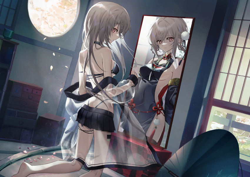 1girl absurdres breasts china_dress chinese_clothes choker commentary_request detached_sleeves different_reflection dress haizome_senri highres long_hair looking_at_viewer looking_back miniskirt mirror mirror_image petals red:_pride_of_eden red_eyes reflection see-through see-through_jacket shaw_(pride_of_eden) sideboob skirt solo