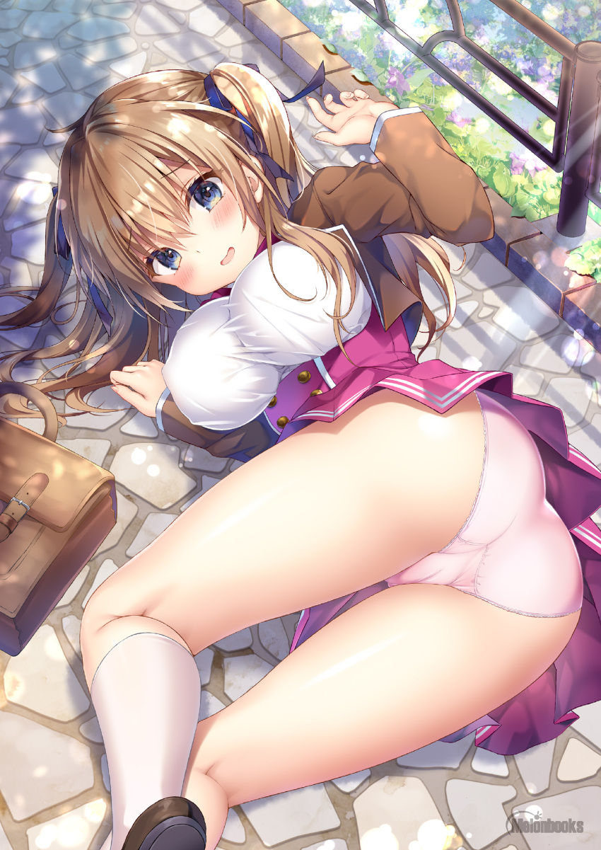 1girl ass bag bangs blue_eyes breasts brown_footwear brown_hair brown_jacket covered_nipples double-breasted eyebrows_visible_through_hair flower hair_ribbon highres jacket kino_(kino_konomi) kneehighs large_breasts leaf loafers looking_at_viewer lying medium_hair melonbooks non-web_source on_ground on_side open_mouth original panties pink_panties pleated_skirt railing red_skirt ribbon school_bag school_uniform shirt shoes skirt smile solo sunlight taut_clothes thighs tripped twintails underwear watermark white_legwear white_shirt