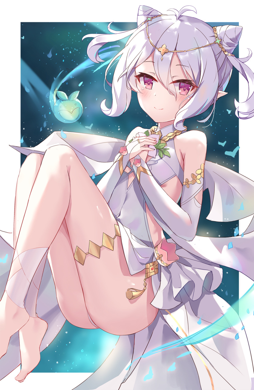 1girl antenna_hair ass bangs bare_shoulders barefoot blush border bridal_gauntlets circlet closed_mouth covered_navel creature double_bun dress elf eyebrows_visible_through_hair flat_chest hair_between_eyes hands_on_own_chest highres knees_up kokkoro_(princess_connect!) light_rays looking_at_viewer outside_border own_hands_together panties pointy_ears princess_connect! princess_connect!_re:dive serika silver_hair smile solo tassel tears thighlet underwear violet_eyes white_border white_dress white_panties