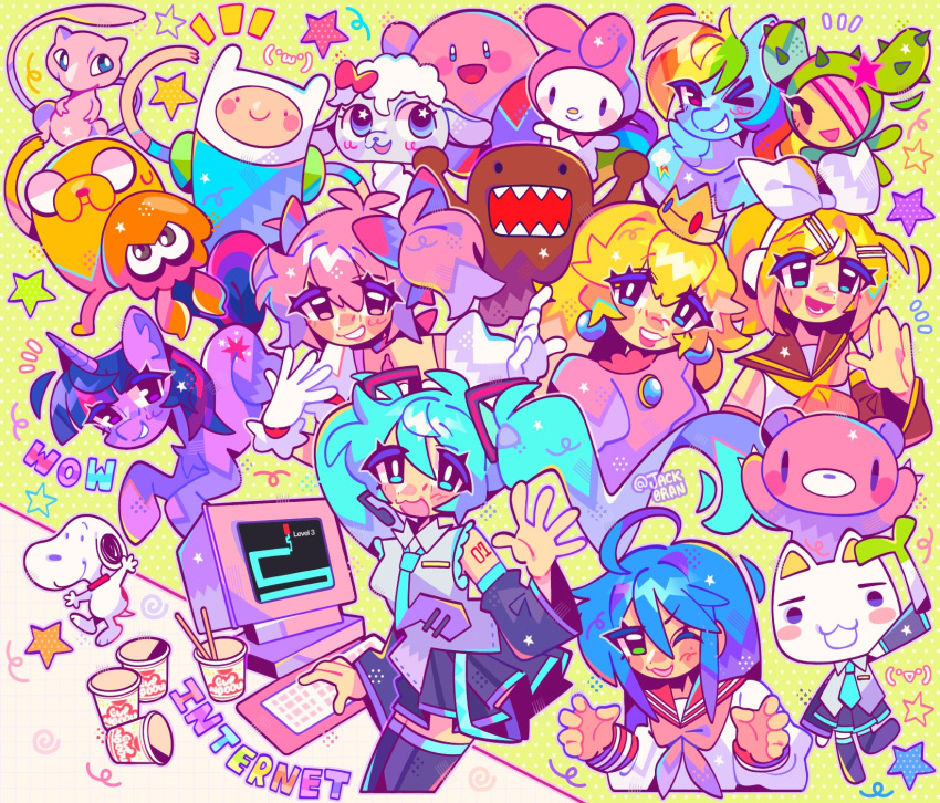 &gt;_&lt; +++ ._. 6+boys 6+girls :3 adventure_time ahoge animal_ears aqua_eyes aqua_hair aqua_necktie aqua_trim arm_tattoo arm_up arms_up bear black_skirt black_sleeves blonde_hair blue_eyes blue_fur blue_hair blue_shirt blush_stickers bow bright_pupils brown_fur brown_sailor_collar cactus_costume cat chibi choker claw_pose claws collar collared_shirt colored_skin commentary cosplay crossover crown cutie_mark detached_sleeves dog doko_demo_issho domo-kun dress earrings emoticon english_text finn_the_human food gloomy_bear gloves green_background green_eyes grey_shirt hair_bow hair_ornament hair_over_one_eye hairclip hand_up hatsune_miku hatsune_miku_(cosplay) headset highres holding holding_food holding_spring_onion holding_vegetable hood inkling inoue_toro izumi_konata jack0ran jake_the_dog jewelry kagamine_rin kaname_madoka keyboard_(computer) kirby kirby_(series) lamb leg_up littlest_pet_shop long_hair long_sleeves looking_at_viewer lower_teeth_only lucky_star mahou_shoujo_madoka_magica mew_(pokemon) miniskirt monitor multicolored_hair multiple_boys multiple_crossover multiple_girls my_little_pony my_little_pony:_friendship_is_magic my_melody neckerchief necktie nhk_(broadcaster) no_mouth o_o one_eye_closed open_mouth orange_fur peanuts pegasus pink_bow pink_choker pink_dress pink_eyes pink_fur pink_hair pink_hood pink_neckerchief pink_sailor_collar pink_skin pokemon pokemon_(creature) polka_dot polka_dot_background princess_peach puffy_short_sleeves puffy_sleeves purple_fur rabbit_ears rainbow_dash rainbow_hair ramen red_collar red_eyes red_footwear ryouou_school_uniform sailor_collar sandy_(tokidoki) sanrio scary_maze_game school_uniform sharp_teeth sheep shirt short_hair short_sleeves short_twintails sidelocks skirt sleeveless sleeveless_shirt smile snoopy solid_circle_eyes solid_oval_eyes soul_gem sphere_earrings splatoon_(series) spring_onion squid star_(symbol) star_hair_ornament star_in_eye streaked_hair super_mario_bros. symbol_in_eye tail tattoo teeth thigh-highs tokidoki_(company) twilight_sparkle twintails twitter_username unicorn vegetable violet_eyes vocaloid waving white_bow white_fur white_gloves white_shirt white_sleeves yellow_neckerchief yellow_trim zettai_ryouiki