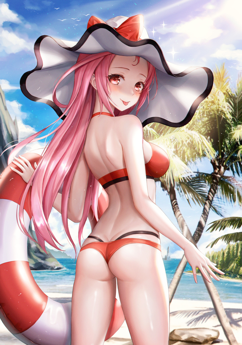 1girl :p absurdres ass beach bikini blush breasts cleo_(king's_raid) closed_mouth cowboy_shot day eichi_(skskdi12z) from_behind highres innertube king's_raid long_hair looking_at_viewer looking_back medium_breasts multi-strapped_bikini ocean outdoors palm_tree pink_hair red_bikini red_eyes shiny shiny_hair shoulder_blades sideboob smile solo sparkle standing swimsuit tongue tongue_out tree very_long_hair