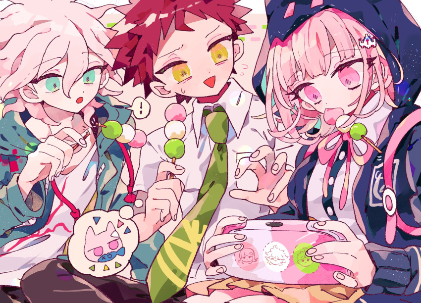 ! 1girl 2boys :o animal_ears animal_hood arm_up backpack bag black_pants border breasts brown_hair buttons cat cat_hood claw_pose commentary controller dangan_ronpa_(series) dangan_ronpa_2:_goodbye_despair dango dot_nose eating eyebrows_visible_through_hair eyelashes fake_animal_ears feet_out_of_frame fish_in_mouth flipped_hair food food_in_mouth game_controller green_eyes green_jacket green_neckwear hair_ornament hairclip handheld_game_console highres hinata_hajime holding holding_controller holding_food holding_game_controller hood hood_up hooded_jacket jacket komaeda_nagito large_breasts looking_at_another looking_down medium_hair multiple_boys nanami_chiaki necktie open_mouth osshouri55 pants pink_background pink_eyes pink_hair pink_neckwear pleated_skirt shirt short_hair simple_background sitting skirt spoken_exclamation_mark sticker thought_bubble triangle_mouth wagashi wavy_hair white_shirt yellow_eyes yellow_skirt