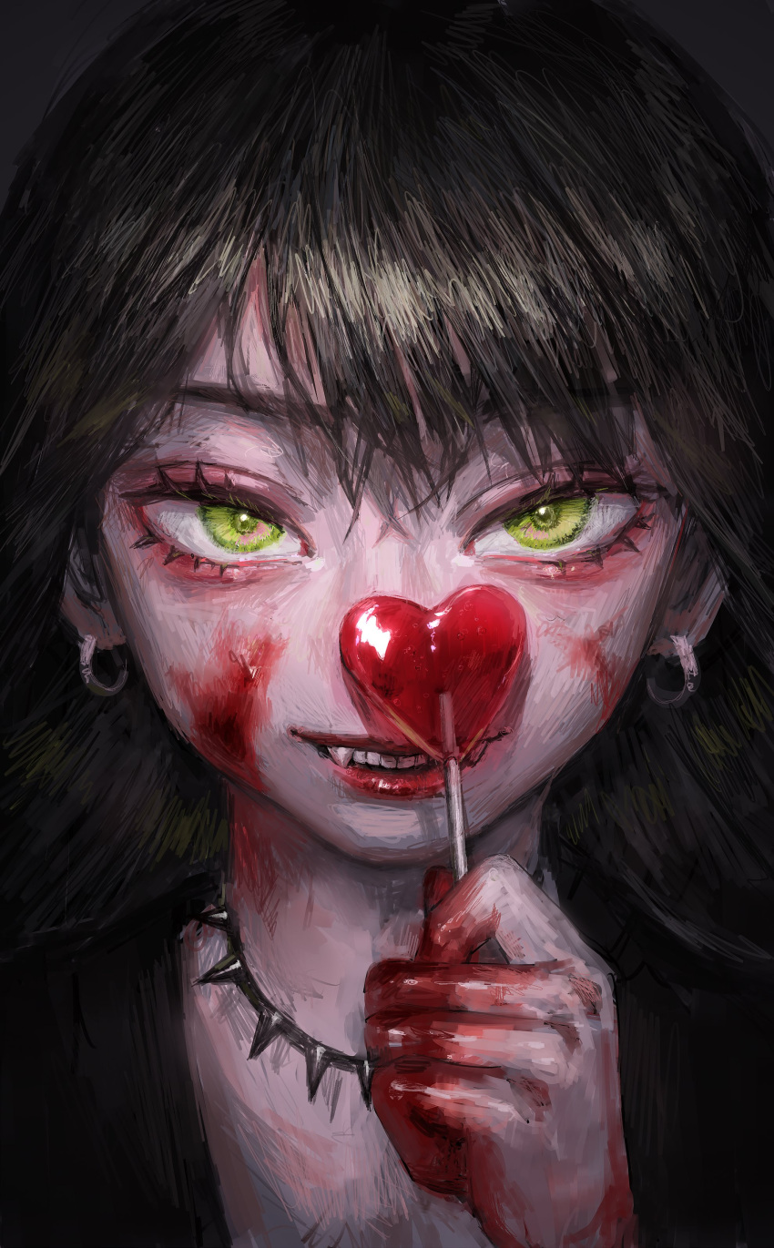 1girl absurdres bangs black_background black_hair blood blood_on_face bloody_hands candy commentary_request earrings food green_eyes hatena_(nazequestion) heart-shaped_food highres holding holding_candy holding_food jewelry lollipop looking_at_viewer necklace original parted_lips portrait simple_background smile solo