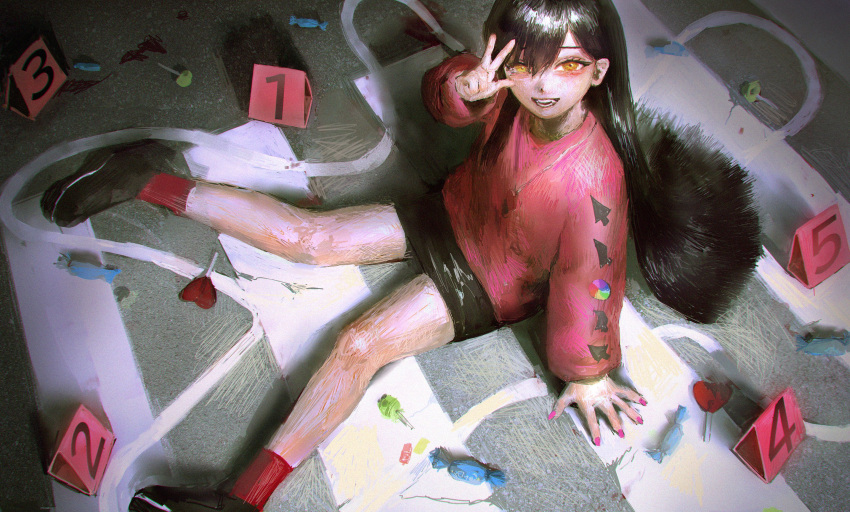 1girl bangs black_footwear black_hair black_skirt candy crosswalk food from_above hand_up hatena_(nazequestion) highres jewelry long_hair long_sleeves necklace open_mouth original pink_nails pink_shirt red_legwear shirt shoes sitting skirt smile socks solo yellow_eyes