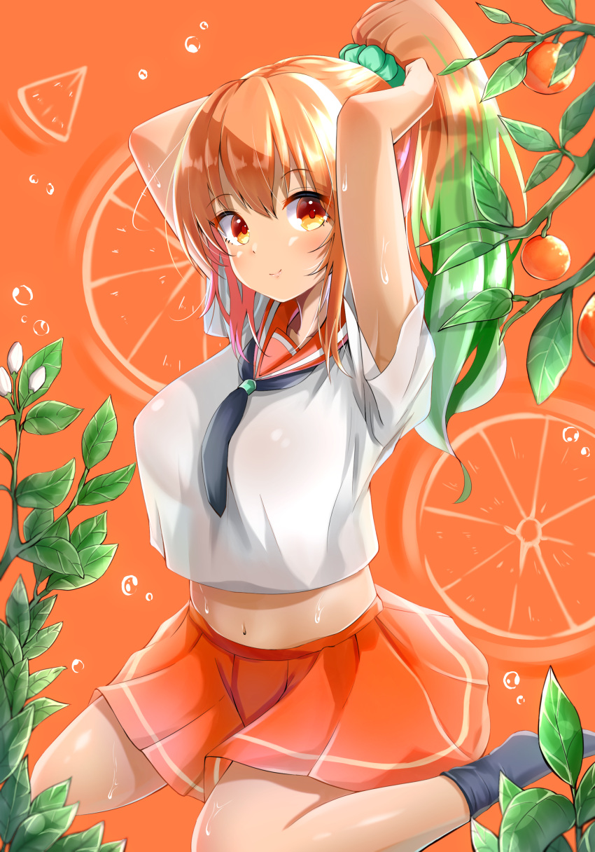 1girl absurdres adjusting_hair armpits arms_up bangs bottomless breasts closed_mouth eyebrows_visible_through_hair food fruit gradient_hair green_hair highres large_breasts leaf long_hair looking_at_viewer midriff multicolored_hair navel necktie orange orange_background orange_eyes orange_hair orange_print orange_slice orange_theme original personification ponytail see-through sitting skirt smile solo stomach streaked_hair takemura_kou thighs wariza wet