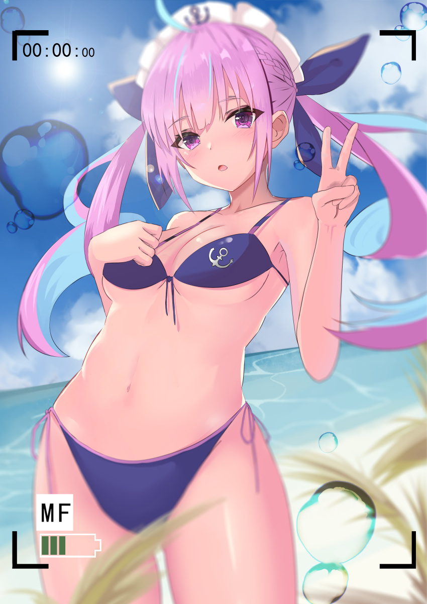 1girl absurdres ahoge air_bubble anchor_symbol armpits bangs bare_shoulders beach bikini blue_hair blurry blurry_foreground blush bow braid breasts bubble clouds collarbone drill_hair eyebrows_visible_through_hair hair_bow hands_up highres hololive long_hair looking_at_viewer maid_headdress medium_breasts minato_aqua musicatopos navel outdoors parted_lips purple_bikini purple_bow recording sidelocks sky solo standing stomach swimsuit thighs tsurime twintails v violet_eyes virtual_youtuber