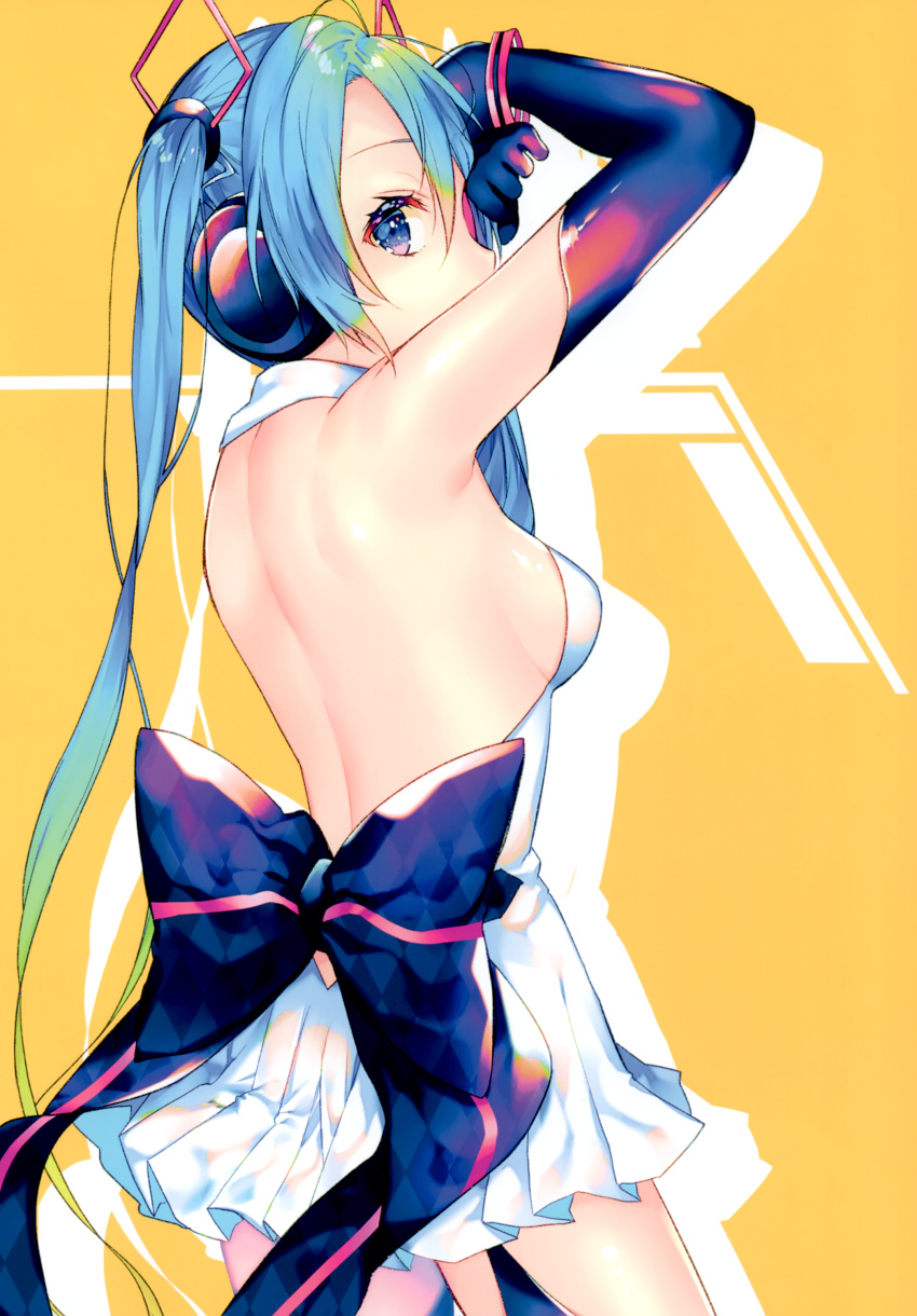 1girl absurdres argyle_bow arms_up back_bow backless_dress backless_outfit bangs black_gloves blue_bow blue_eyes blue_hair bow breasts cowboy_shot dress elbow_gloves eyebrows_visible_through_hair gloves gradient_hair green_hair hair_between_eyes hatsune_miku headphones highres long_hair multicolored_hair pleated_dress shiomizu_(swat) short_dress sideboob sleeveless sleeveless_dress small_breasts solo standing thigh_strap twintails very_long_hair vocaloid white_dress yellow_background