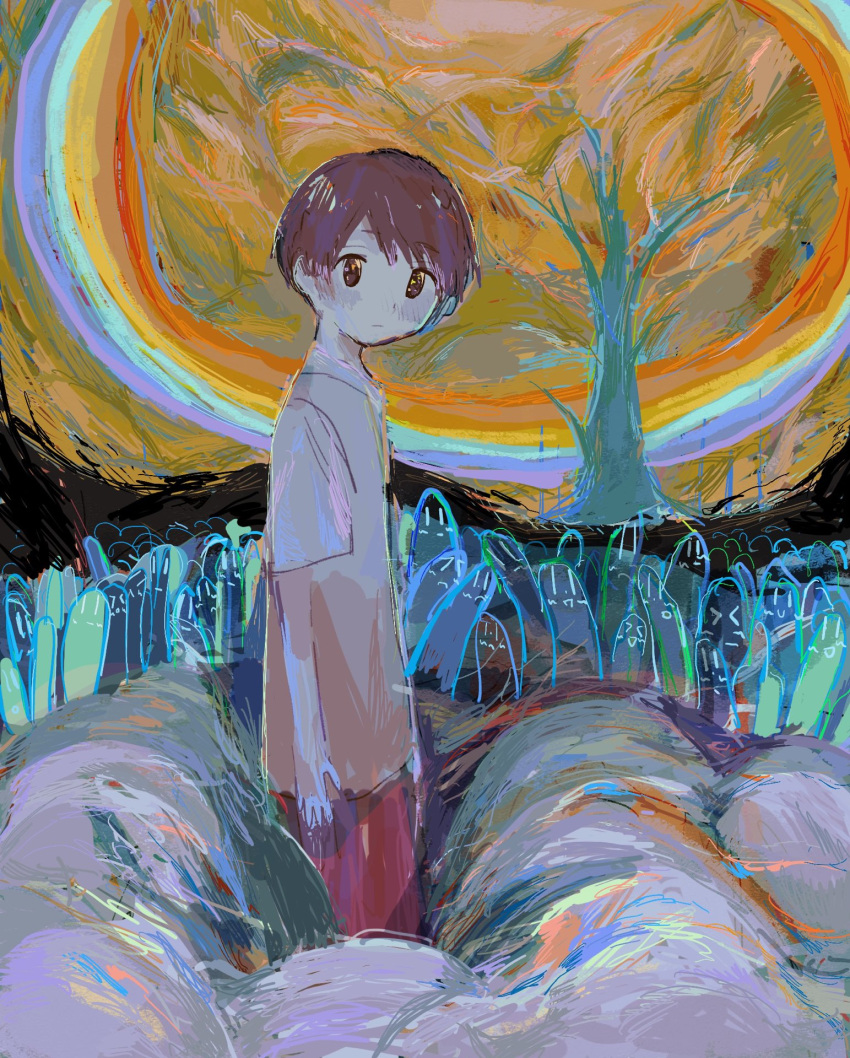 1boy abstract brown_hair cowboy_shot from_side highres looking_at_viewer original rainbow shirt short_hair short_sleeves solo surreal tree wbmura white_shirt