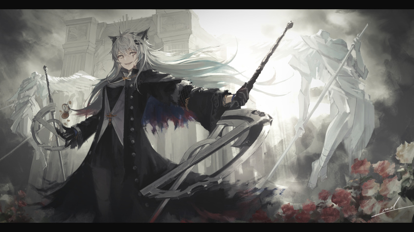 1girl animal_ears arknights bare_legs black_coat black_dress black_gloves blue_eyes coat dress formal gloves highres holding holding_weapon lappland_(arknights) lappland_(refined_horrormare)_(arknights) long_hair official_alternate_costume rmd scar scar_across_eye silver_hair suit weapon wolf_ears wolf_girl