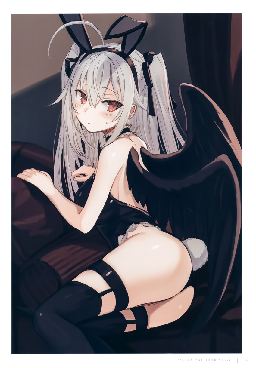 1girl absurdres animal_ears bangs black_hairband black_legwear black_leotard black_ribbon black_wings blush border breasts bunny_tail closed_mouth eyebrows_visible_through_hair fake_animal_ears fake_tail feathered_wings frown hair_between_eyes hair_ribbon hairband highres indoors leotard long_hair looking_at_viewer medium_breasts original page_number playboy_bunny rabbit_ears red_eyes ribbon sidelocks silver_hair solo sweatdrop tail thigh-highs thigh_strap twintails very_long_hair white_border wings yashiro_seika