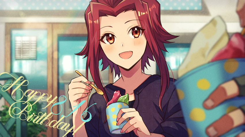 1girl :d black_shirt blurry_foreground blush brown_eyes collarbone fingerless_gloves gloves hair_intakes happy_birthday holding holding_spoon izayoi_aki mikami_(mkm0v0) open_mouth redhead shiny shiny_hair shirt short_hair_with_long_locks sidelocks smile spoon upper_body yu-gi-oh! yu-gi-oh!_5d's