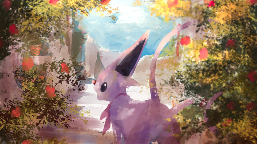 absurdres animal_focus black_sclera blue_sky clouds colored_sclera commentary_request day espeon flower forehead_jewel from_behind gen_2_pokemon highres looking_back neckerchief no_humans outdoors pink_neckwear plant pokemon pokemon_(creature) potted_plant red_flower sketch sky solo stairs umi_hire white_eyes