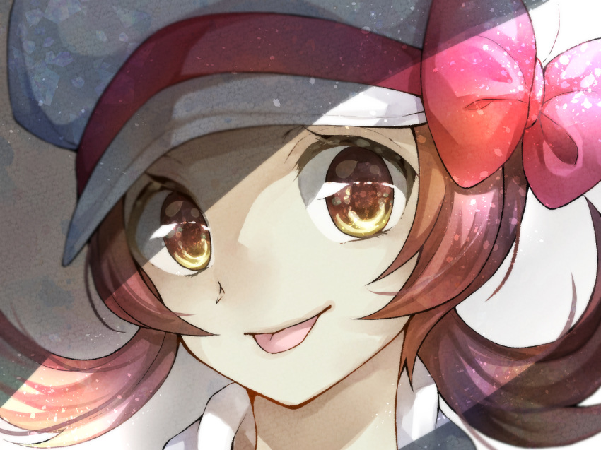 1girl :p bow brown_eyes brown_hair closed_mouth hat hat_bow looking_at_viewer lyra_(pokemon) pokemon pokemon_(game) pokemon_hgss portrait red_bow shiny shiny_hair smile solo tongue tongue_out twintails white_headwear yomogi_(black-elf)