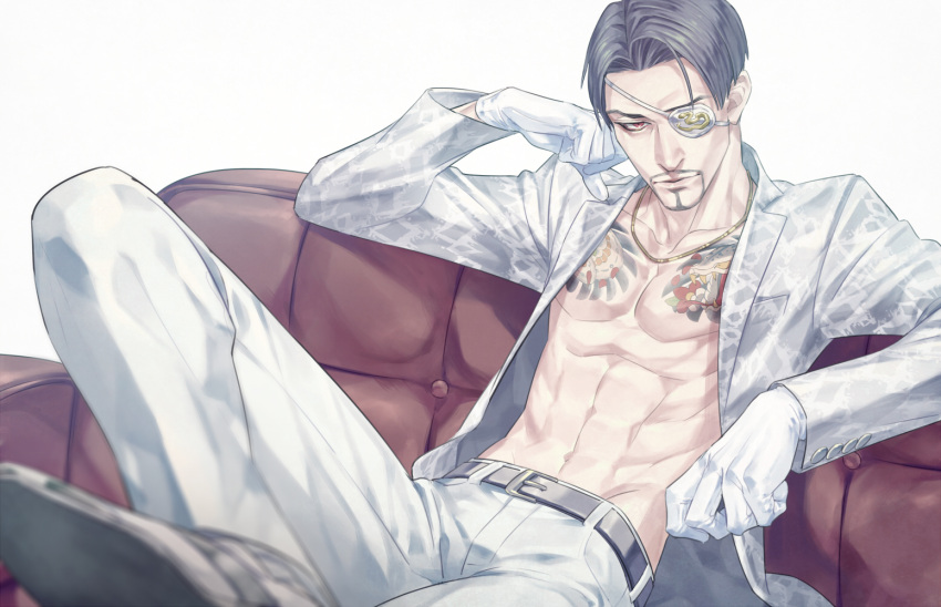 1boy abs belt black_belt black_hair couch eyepatch facial_hair gloves goatee hand_on_own_face irezumi jewelry looking_at_viewer lounging majima_gorou male_focus necklace open_clothes open_shirt pants ryuu_ga_gotoku shirt short_hair simple_background sitting snake_print talgi tattoo white_background white_eyepatch white_gloves white_pants white_shirt