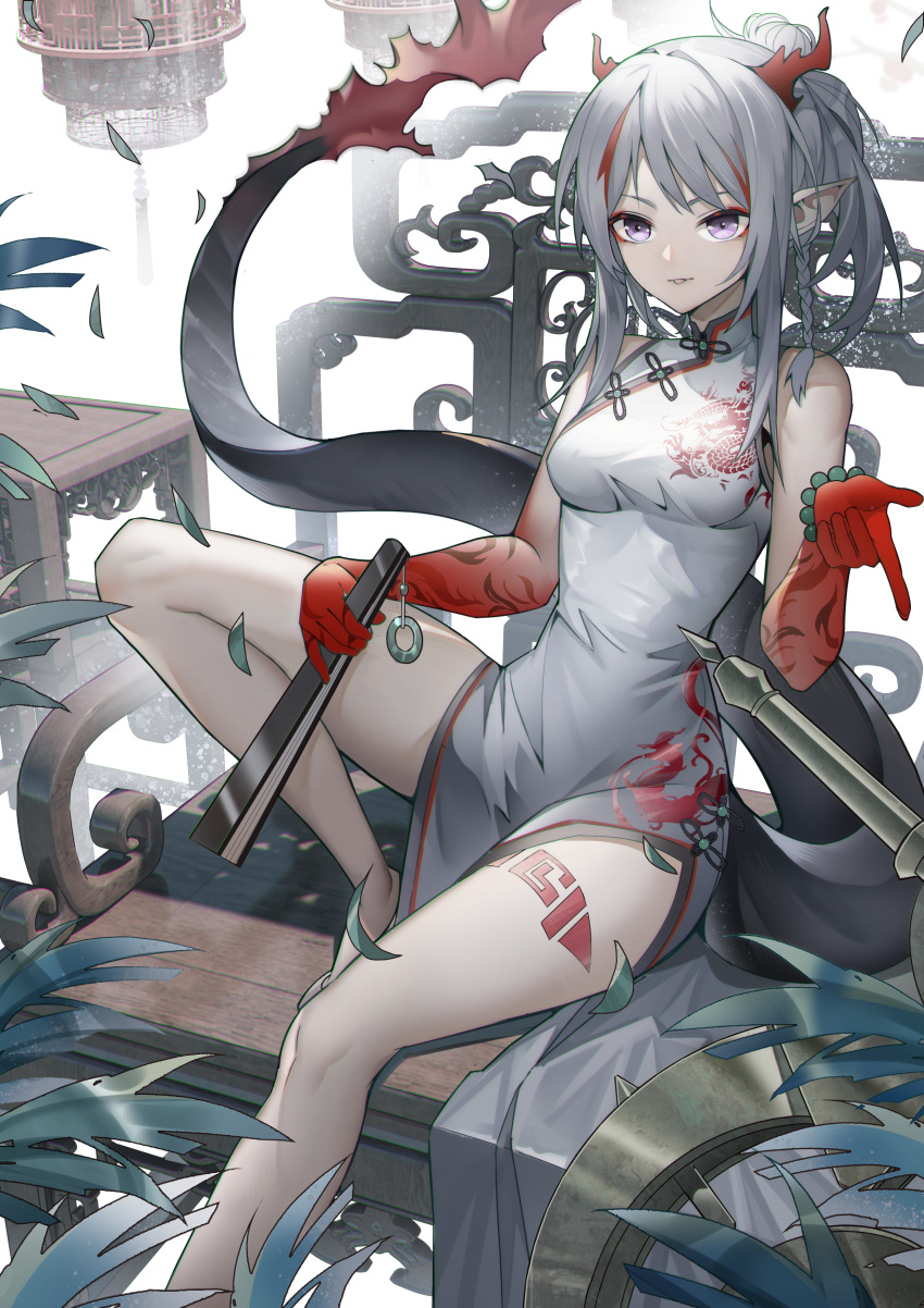 1girl absurdres arknights bare_arms bare_legs bare_shoulders barefoot bead_bracelet beads bracelet braid breasts china_dress chinese_clothes dragon_horns dragon_tail dress eyeshadow fan folding_fan highres holding horns jewelry jinjide_shaonian knee_up long_hair looking_at_viewer makeup medium_breasts multicolored_hair nian_(arknights) nian_(unfettered_freedom)_(arknights) pelvic_curtain pointy_ears ponytail sidelocks silver_hair sitting sleeveless sleeveless_dress solo streaked_hair tail tail_raised thighs tongue tongue_out violet_eyes white_dress