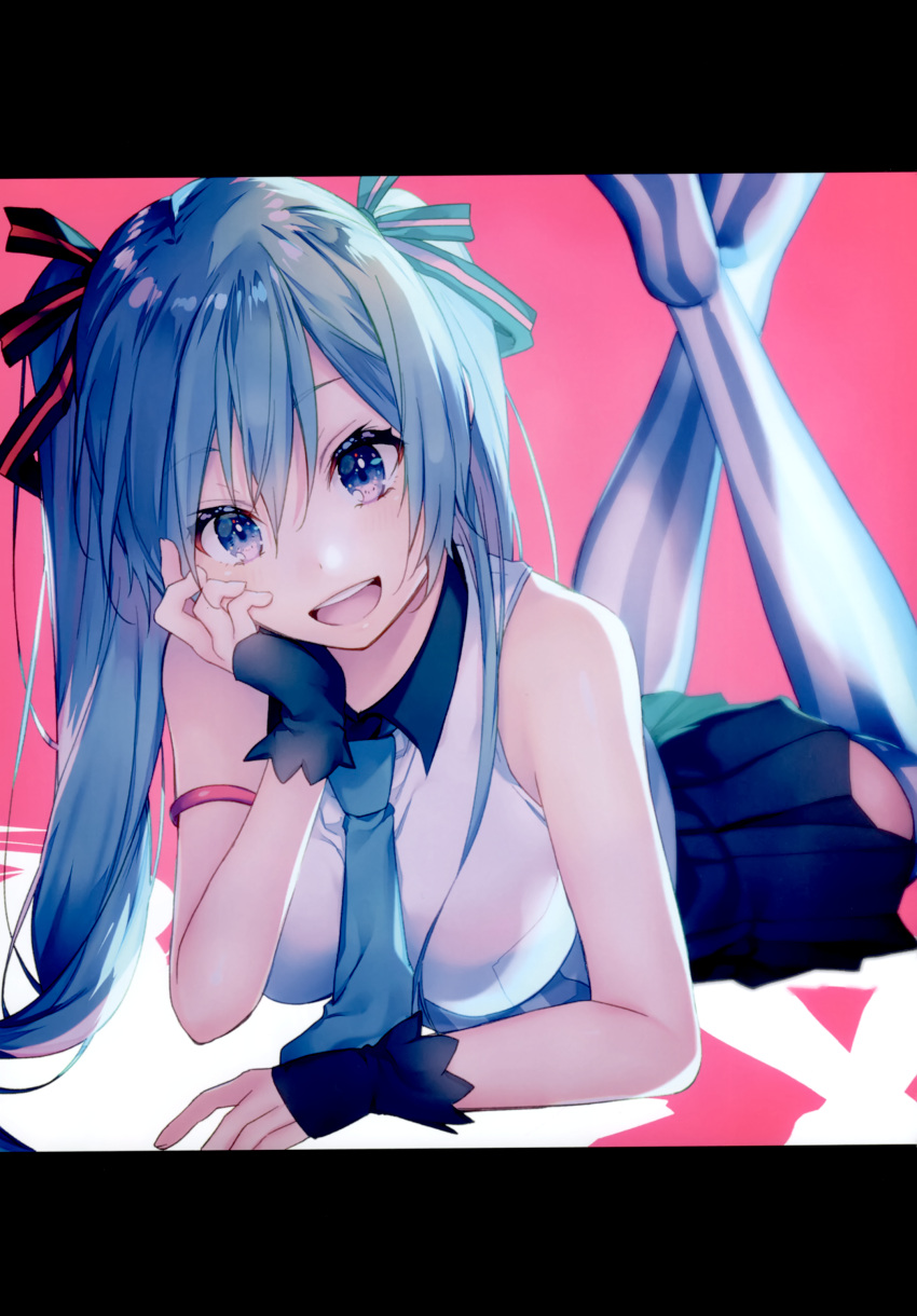 1girl :d absurdres armlet bangs black_ribbon blue_eyes blue_hair blue_neckwear blue_skirt breasts collared_shirt eyebrows_visible_through_hair hair_between_eyes hair_ribbon hatsune_miku highres long_hair looking_at_viewer lying medium_breasts miniskirt necktie on_stomach open_mouth pink_background pleated_skirt ribbon shiny shiny_hair shiomizu_(swat) shirt skirt sleeveless sleeveless_shirt smile solo striped striped_legwear the_pose thigh-highs twintails vertical-striped_legwear vertical_stripes very_long_hair vocaloid white_shirt wing_collar