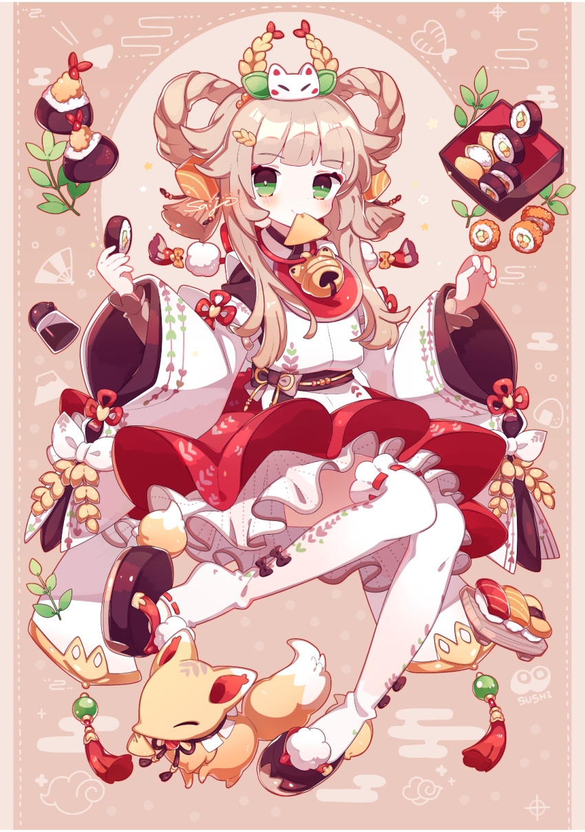 1girl aburaage artist_name bell chinese_knot commentary_request detached_sleeves egasumi food fox full_body green_eyes hair_cubes hair_ornament hair_rings hands_up highres holding holding_food inarizushi japanese_clothes jingle_bell light_brown_hair long_hair long_sleeves looking_at_viewer lunchbox mouth_hold obentou okobo onigiri original pom_pom_(clothes) red_skirt ribbon-trimmed_legwear ribbon_trim saijo1201 shiny shiny_hair skirt smile solo soy_sauce sushi thigh-highs toeless_legwear white_legwear wide_sleeves