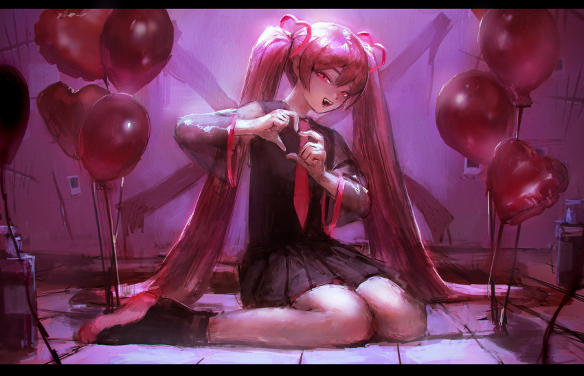 1girl absurdres balloon black_footwear black_skirt character_request check_character commentary_request fangs full_body hatena_(nazequestion) hatsune_miku heart heart_balloon heart_hands highres long_hair long_sleeves looking_at_viewer necktie open_mouth pink_eyes pink_hair pink_neckwear pink_theme sakura_miku shoes sitting skirt smile solo twintails very_long_hair vocaloid