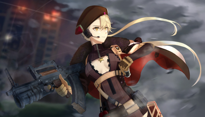 1girl assault_rifle bangs beret blonde_hair brown_gloves chaciooh closed_mouth commentary fur-trimmed_jacket fur_trim girls_frontline gloves gun hat headset highres jacket jacket_on_shoulders looking_to_the_side ots-14 ots-14_(girls_frontline) rifle solo weapon yellow_eyes