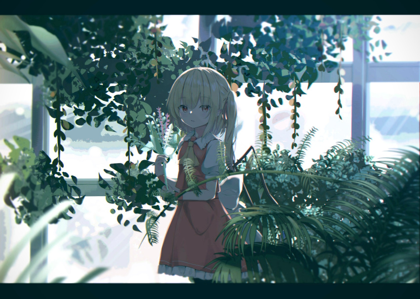 1girl blonde_hair blurry_foreground commentary cravat day expressionless eyebrows_visible_through_hair fern flandre_scarlet flower greenhouse hair_between_eyes highres holding holding_flower indoors iyo_(ya_na_kanji) lavender_(flower) letterboxed looking_at_viewer no_hat no_headwear one_side_up parted_lips petticoat plant potted_plant puffy_short_sleeves puffy_sleeves red_eyes red_skirt red_vest shirt short_hair short_sleeves skirt solo standing symbol_commentary touhou vest white_shirt wide_shot window yellow_neckwear