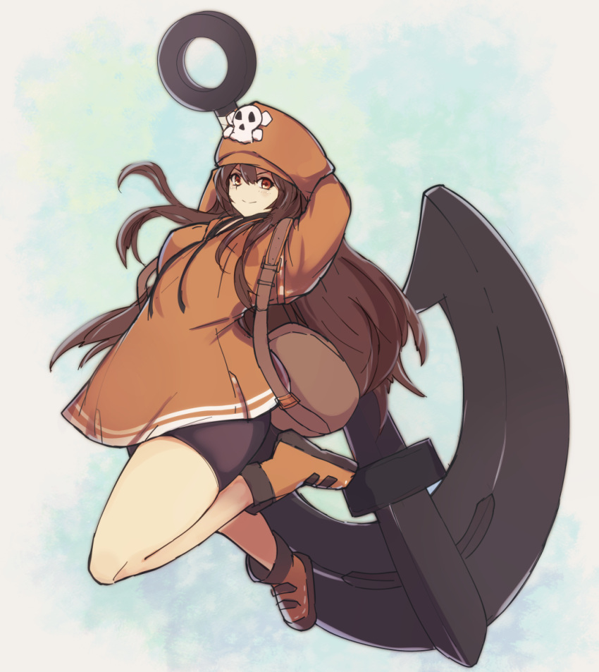1girl anchor bag bangs bare_legs bike_shorts black_gloves brown_eyes brown_hair cabbie_hat fingerless_gloves from_above full_body gloves guilty_gear guilty_gear_strive hat highres holding holding_weapon jacket long_hair looking_at_viewer may_(guilty_gear) open_mouth orange_headwear orange_jacket pirate pirate_hat shoes simple_background skull_and_crossbones smile solo weapon white_background wide_sleeves yonaga