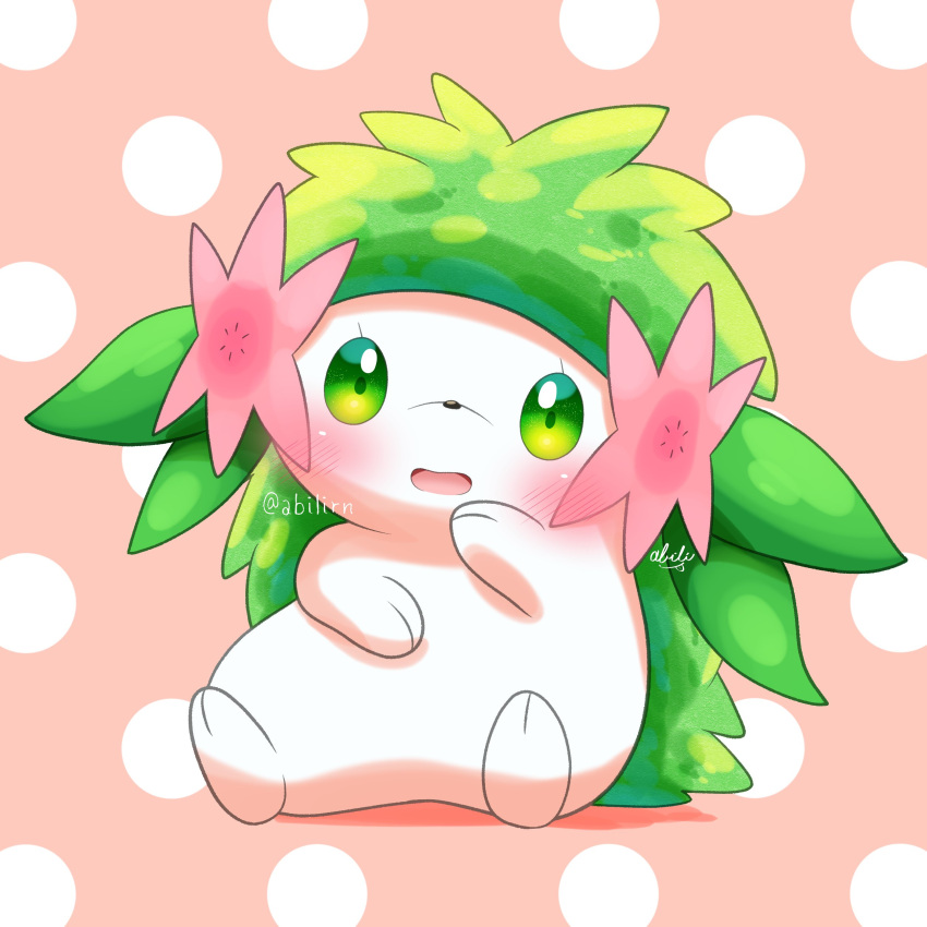 absurdres blush commentary_request eyelashes full_body gen_4_pokemon green_eyes highres looking_at_viewer mythical_pokemon no_humans open_mouth pokemer pokemon pokemon_(creature) polka_dot polka_dot_background shaymin shaymin_(land) signature solo tongue