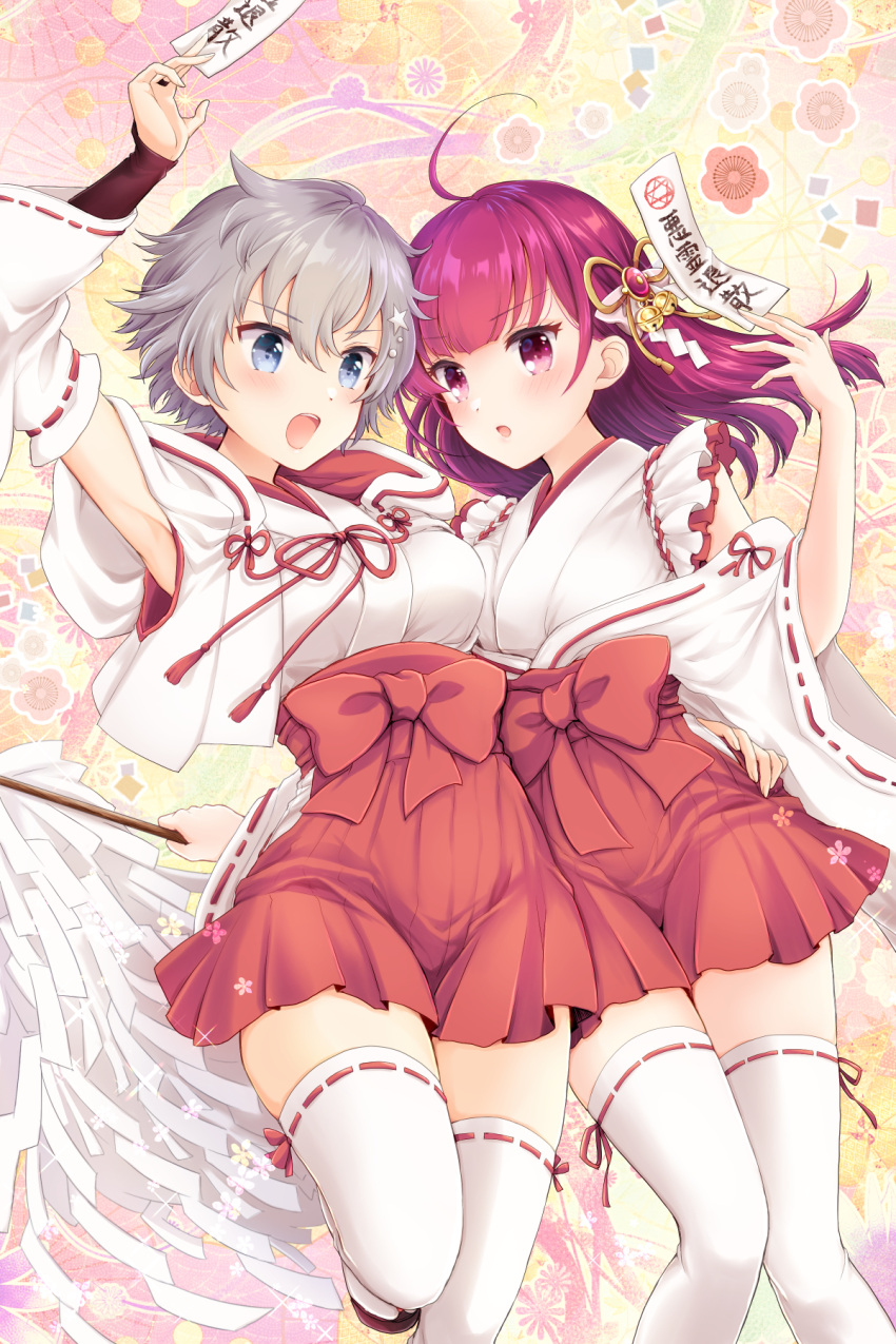 2girls armpits bangs blue_eyes bow breasts chiwa_(chiwawanwan1206) detached_sleeves eyebrows_visible_through_hair floating_hair hair_between_eyes highres holding japanese_clothes kimono long_hair long_sleeves magia_record:_mahou_shoujo_madoka_magica_gaiden mahou_shoujo_madoka_magica medium_breasts miko miniskirt multiple_girls open_mouth pleated_skirt red_bow red_eyes red_skirt redhead ribbon-trimmed_legwear ribbon-trimmed_sleeves ribbon_trim shinobu_akira_(magia_record) shiny shiny_hair short_hair silver_hair skirt sleeveless sleeveless_kimono thigh-highs tokiwa_nanaka white_kimono white_legwear white_sleeves wide_sleeves zettai_ryouiki