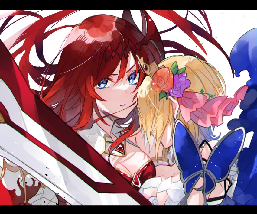 2girls arm_up armor blonde_hair blue_cape blue_eyes breasts cape detached_collar europa_(granblue_fantasy) facing_away flower glaring godguard_brodia granblue_fantasy hair_flower hair_ornament highres holding holding_another holding_sword holding_weapon large_breasts letterboxed long_hair medium_breasts multiple_girls orange_flower orange_rose purple_flower purple_rose redhead rose short_hair simple_background sleeveless sword upper_body very_long_hair weapon white_background yakota_(usuk-yako)