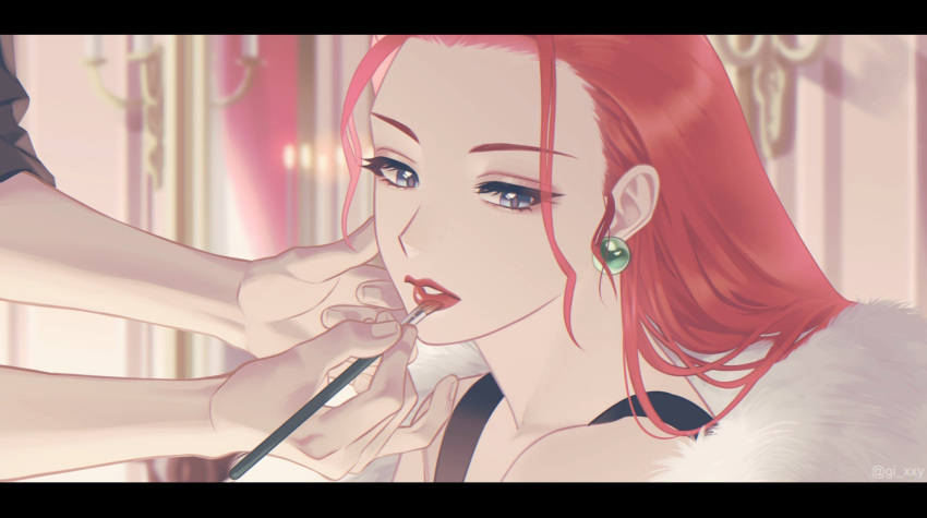 1girl alternate_hairstyle blurry earrings eyelashes fingernails fur_(clothing) gi_xxy grey_eyes highres holding jessie_(pokemon) jewelry letterboxed lipstick long_hair looking_to_the_side makeup makeup_brush parted_lips pokemon pokemon_(anime) red_lips redhead