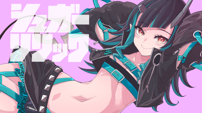 1girl 510ksk arms_behind_head arms_up bandeau belt black_hair black_jacket black_skirt closed_mouth clothing_cutout cropped_jacket demon_girl demon_horns demon_tail fang flat_chest garter_straps highleg highres horns jacket long_hair long_sleeves looking_at_viewer midriff miniskirt multicolored_hair navel open_clothes open_jacket pink_background pointy_ears red_eyes shishio_chris shoulder_cutout skirt smile solo stomach streaked_hair sugar_lyric tail two-tone_hair virtual_youtuber