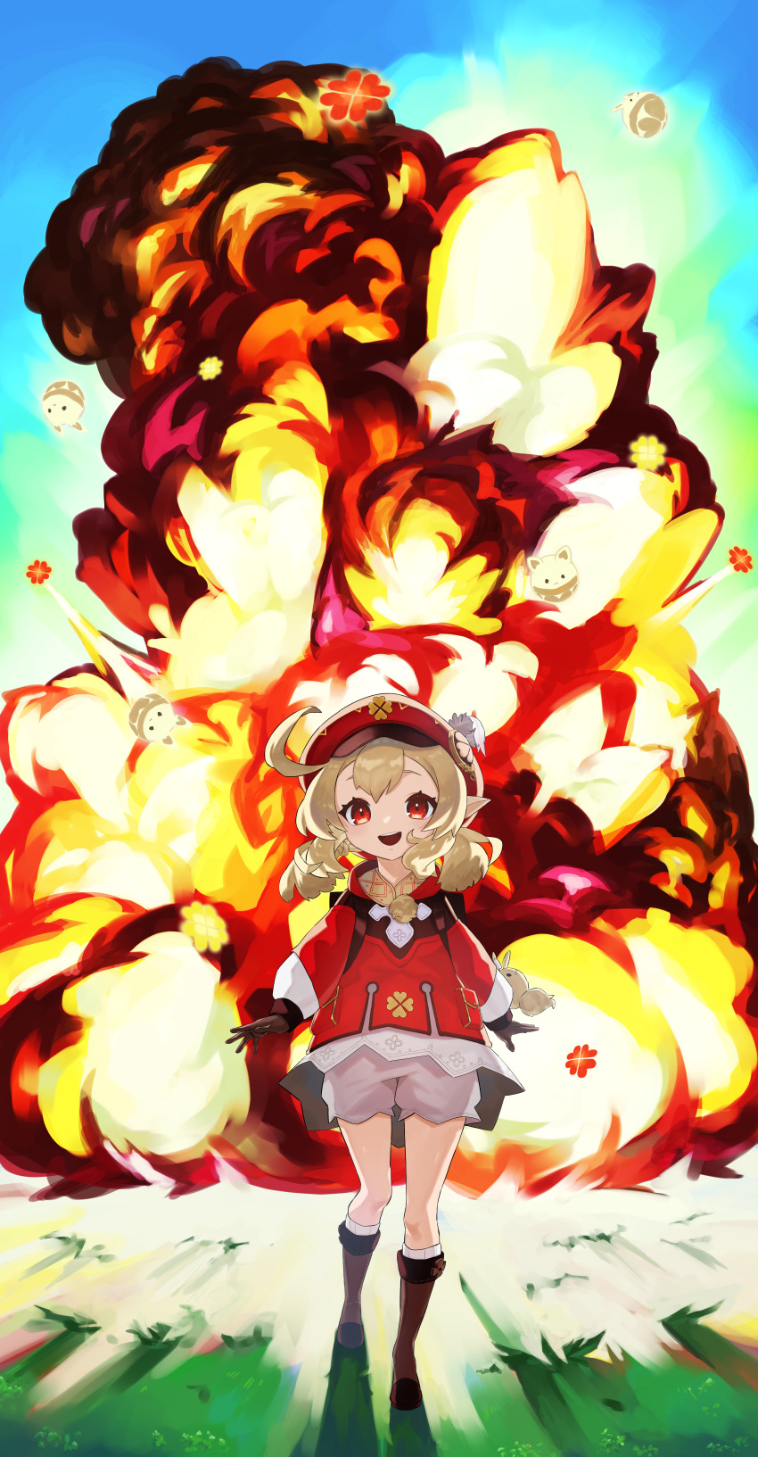 1girl absurdres backpack bag blonde_hair bomb brown_bag brown_footwear brown_gloves colon_daityou25 explosion feathers genshin_impact gloves grass hat hat_feather highres huge_filesize klee_(genshin_impact) medium_hair open_mouth outdoors pointy_ears red_eyes red_headwear smile socks solo teeth twintails upper_teeth white_legwear
