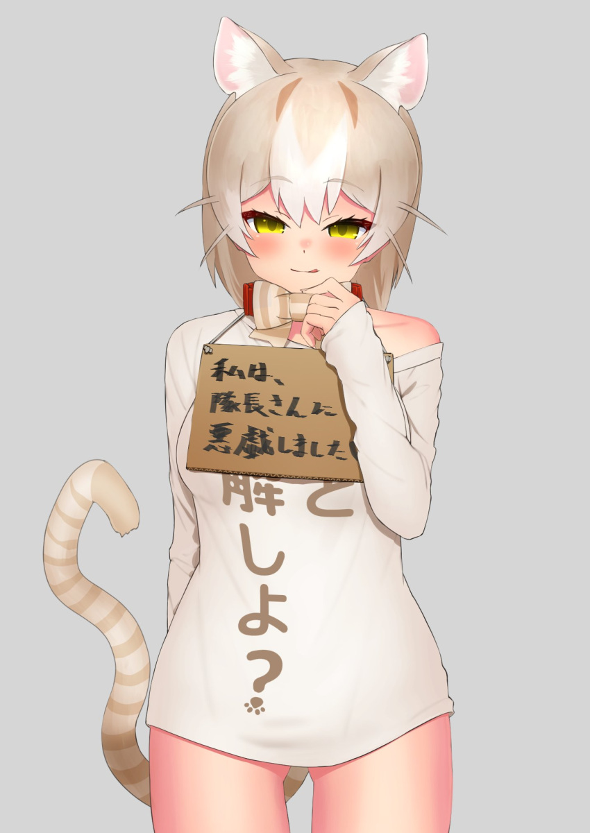 1girl animal_ear_fluff animal_ears ass_visible_through_thighs bangs blush breasts cat_(kemono_friends) cat_ears cat_girl cat_tail clothes_writing collar commentary cowboy_shot deku_suke extra_ears eyebrows_visible_through_hair grey_background highres kemono_friends licking_lips light_brown_hair long_sleeves looking_at_viewer medium_breasts multicolored_hair no_pants off_shoulder pet_shaming shirt short_hair sign simple_background single_bare_shoulder smile solo striped_tail tail tongue tongue_out translated two-tone_hair white_hair white_shirt yellow_eyes