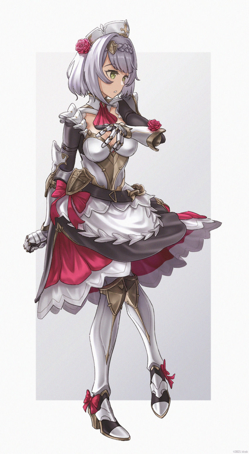 1girl apron armor armored_boots boots braid breasts flower flower_ornament full_body genshin_impact green_eyes high_heels highres k-k-s-k looking_to_the_side maid maid_apron maid_headdress medium_breasts noelle_(genshin_impact) parted_lips red_ribbon ribbon rose short_hair silver_hair simple_background solo white_background