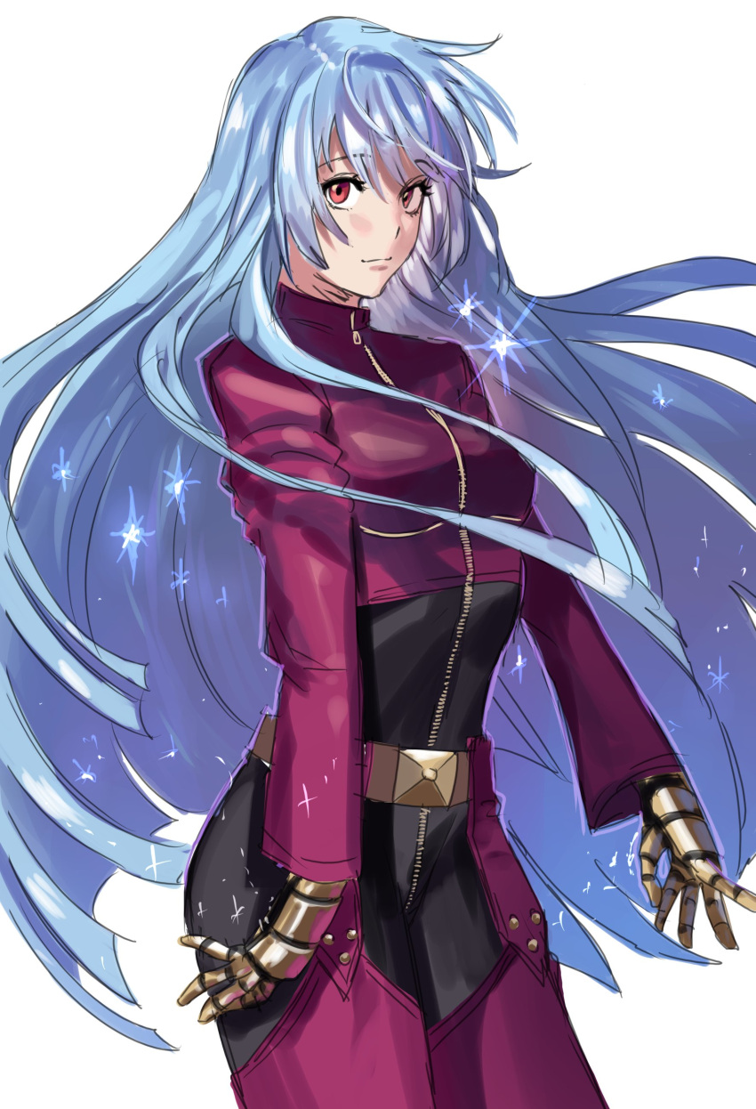 1girl absurdres belt blue_hair breasts cowboy_shot floating_hair hanny_(uirusu_chan) highres kula_diamond long_hair long_sleeves looking_at_viewer medium_breasts red_eyes simple_background smile solo sparkle the_king_of_fighters very_long_hair white_background zipper