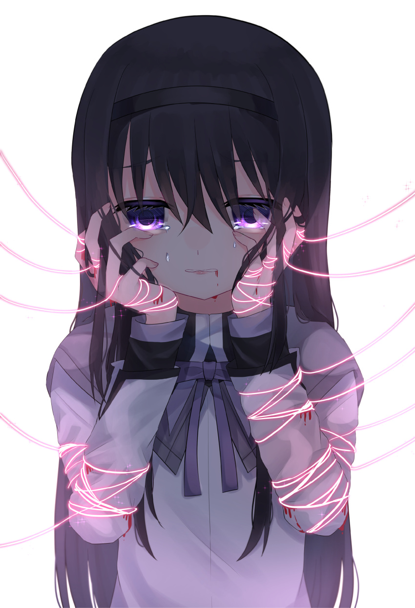 1girl absurdres akemi_homura black_hair black_hairband bleeding blood blood_from_mouth bloody_clothes commentary_request crying crying_with_eyes_open cuts dark glowing hairband hands_on_own_cheeks hands_on_own_face highres injury long_hair long_sleeves magical_girl mahou_shoujo_madoka_magica rairai_(light) shirt simple_background solo string tears upper_body violet_eyes white_background white_shirt