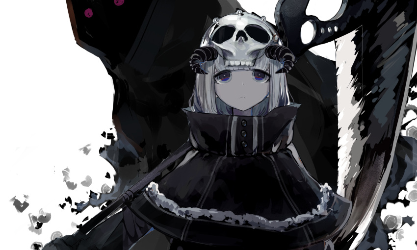 1girl 1other bangs black_capelet black_eyes blunt_bangs capelet death_(entity) demon_horns eyebrows_visible_through_hair fur_trim highres holding holding_scythe holding_weapon hood hood_up horns nazumide nike original scythe shaded_face shinigami skull upper_body violet_eyes weapon white_background white_hair