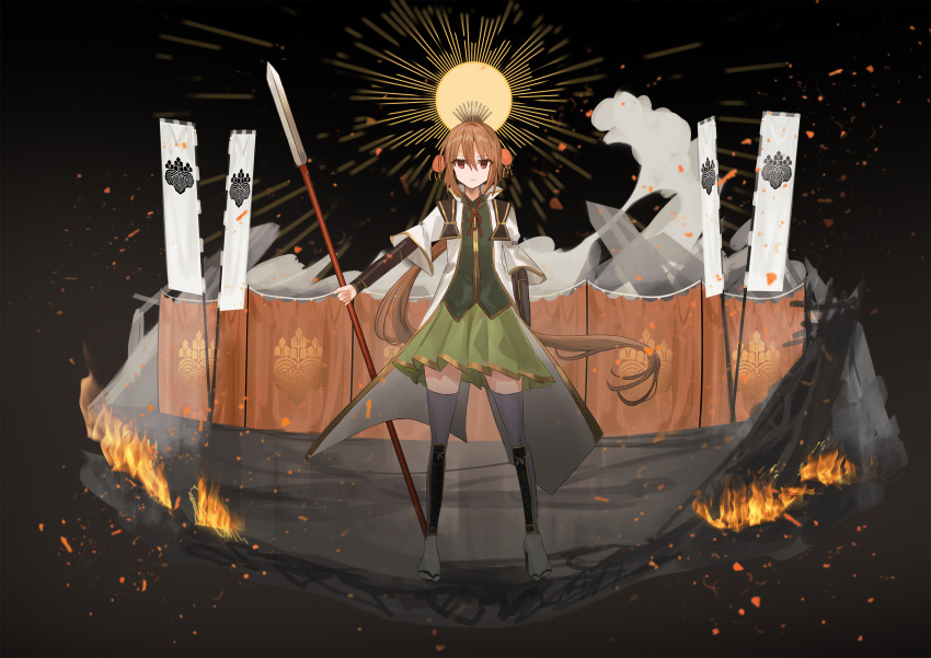 1girl bangs borrowed_character brown_hair chihuri closed_mouth embers eyebrows_visible_through_hair fire green_shirt green_skirt grey_legwear hair_between_eyes highres holding holding_spear holding_weapon jacket long_hair open_clothes open_jacket original pleated_skirt polearm red_eyes shirt short_sleeves skirt smile smoke solo spear standing sun thigh-highs very_long_hair weapon white_jacket wide_sleeves