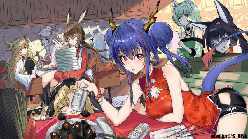 amiya_(arknights) anger_vein animal_ears apron arknights bead_bracelet beads beer_can black_hair blaze_(arknights) blonde_hair blue_hair bracelet brown_hair can cat_ears ch'en_(arknights) china_dress chinese_clothes chinese_new_year chopsticks double_bun dragon_horns dragon_tail dress frostnova_(arknights) green_hair grin highres horns jewelry kakeru_(kakeru) kal'tsit_(arknights) leizi_(arknights) long_hair nian_(arknights) originium_(arknights) rabbit_ears shorts_under_dress silver_hair sitting smile swire_(arknights) tail thumbs_up twitter_username white_hair