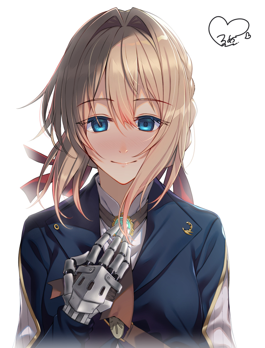 1girl absurdres bangs blonde_hair blue_eyes blue_jacket brown_neckwear closed_mouth eyebrows_visible_through_hair floating_hair hair_between_eyes hair_ribbon highres huge_filesize jacket long_hair long_sleeves looking_at_viewer prosthetic_hand red_ribbon ribbon rumeha_(aormsj22) shiny shiny_hair shirt simple_background smile solo upper_body violet_evergarden violet_evergarden_(character) white_background white_shirt