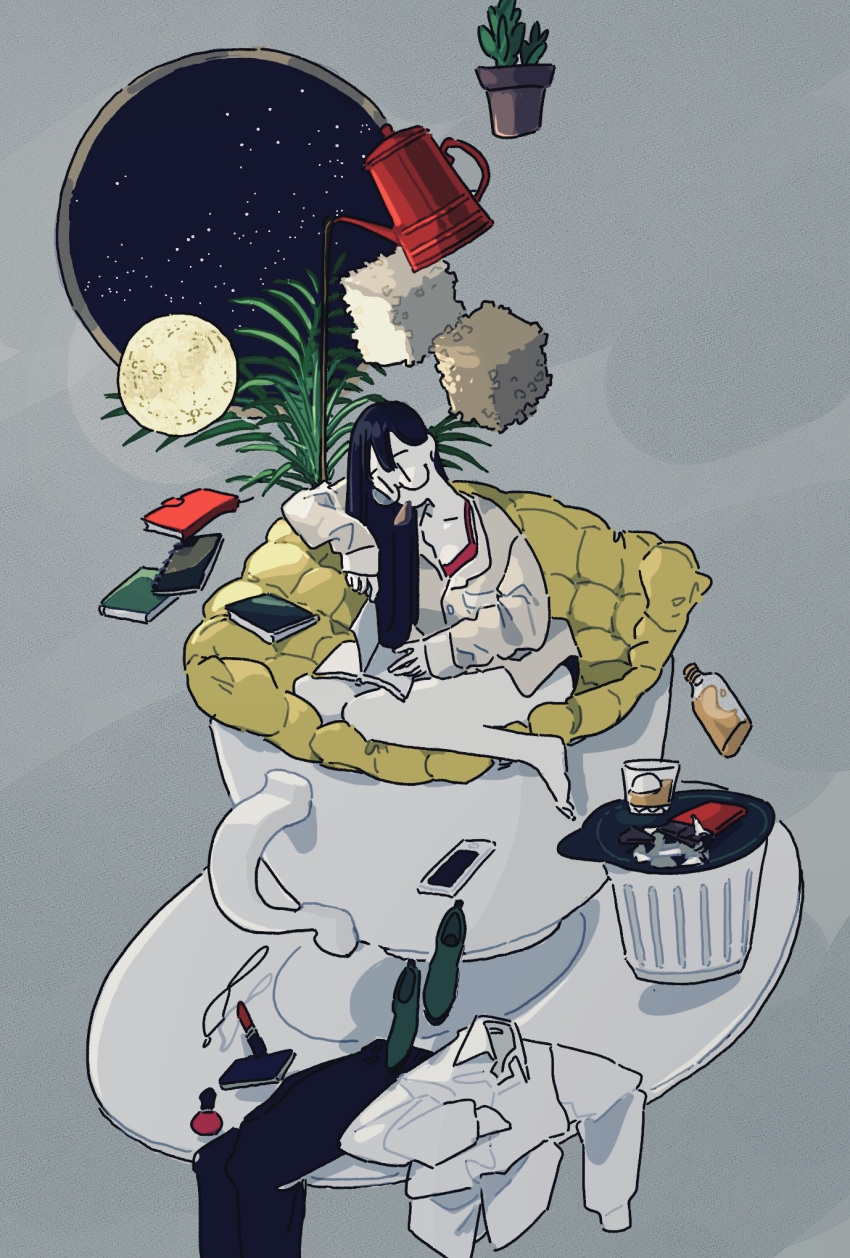1girl bare_legs barefoot black_hair book bottle chair cup floating glasses grey_background hasha highres long_hair long_sleeves moon open_book original phone plant plate potted_plant reading shirt sitting solo surreal white_shirt wide_shot