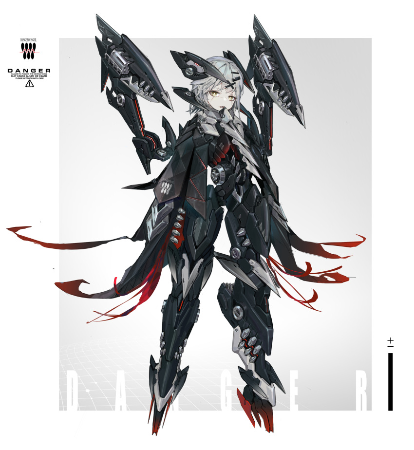 1girl absurdres android arms_at_sides donxxxs english_text full_body grey_hair hair_ornament hairclip headgear highres joints looking_at_viewer mecha_musume original robot_joints scar scar_across_eye sharp_teeth sign solo standing teeth two-tone_background warning_sign yellow_eyes